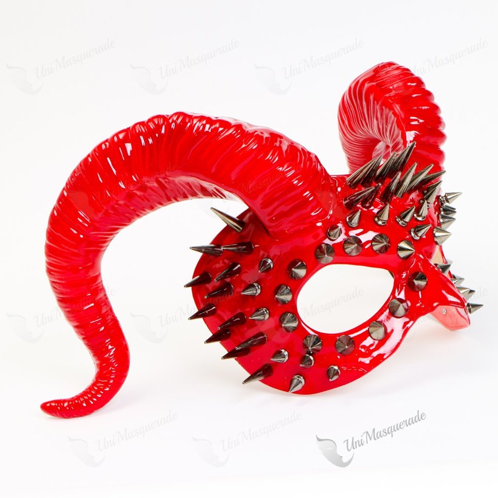 Red Steampunk Demon Face Silver Spikes with Horns Halloween Masquerade